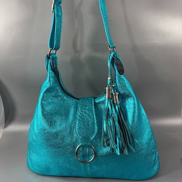 NWT Pur Jus Leather Bag Metallic Turquoise Italian Hobo